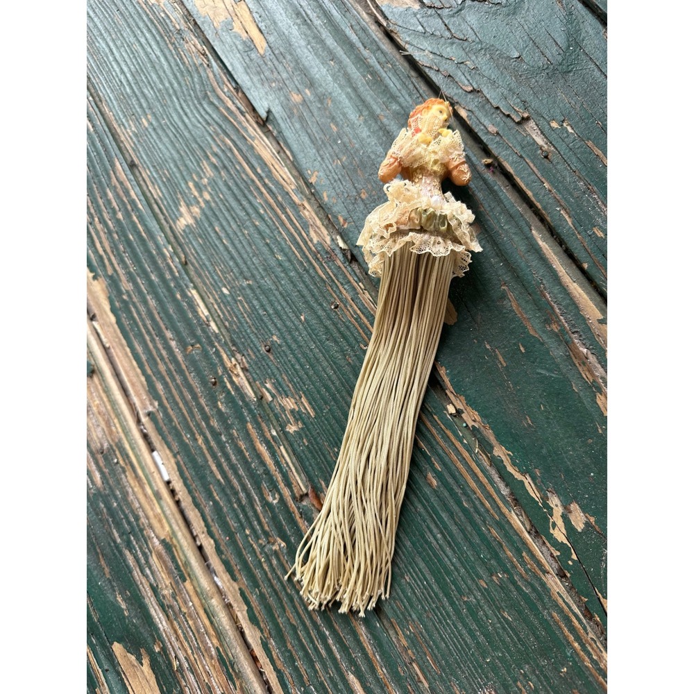 Vintage Victorian Lady Tassel Ornament Lace Fringe Figurine Gold Peach 10.5"